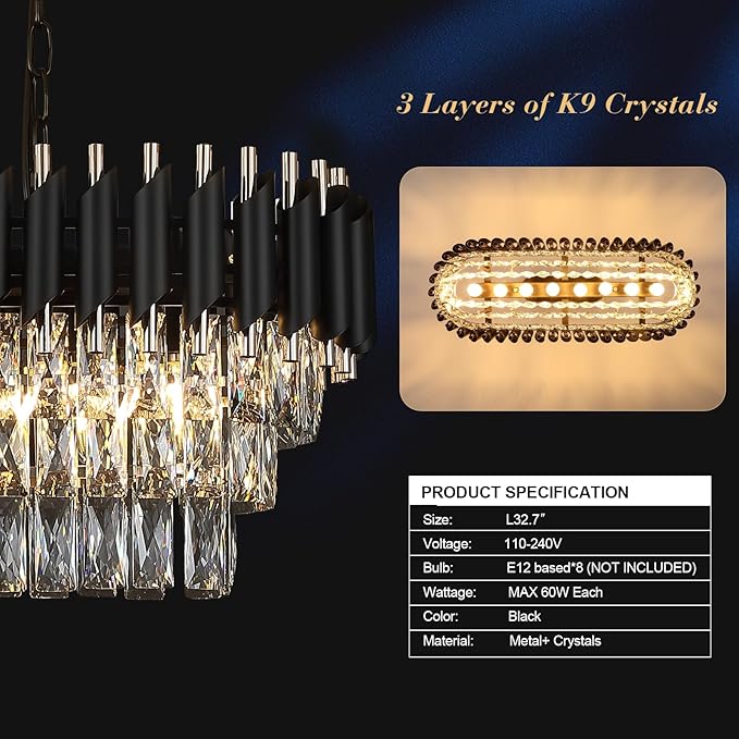 Modern Rectangular Chandelier Black and Gold Crystal Chandeliers for Dining Room Linear Ceiling Pendant Light Long 32” Luxury Oval Chandelier 8 Lights for Kitchen Island Living Room