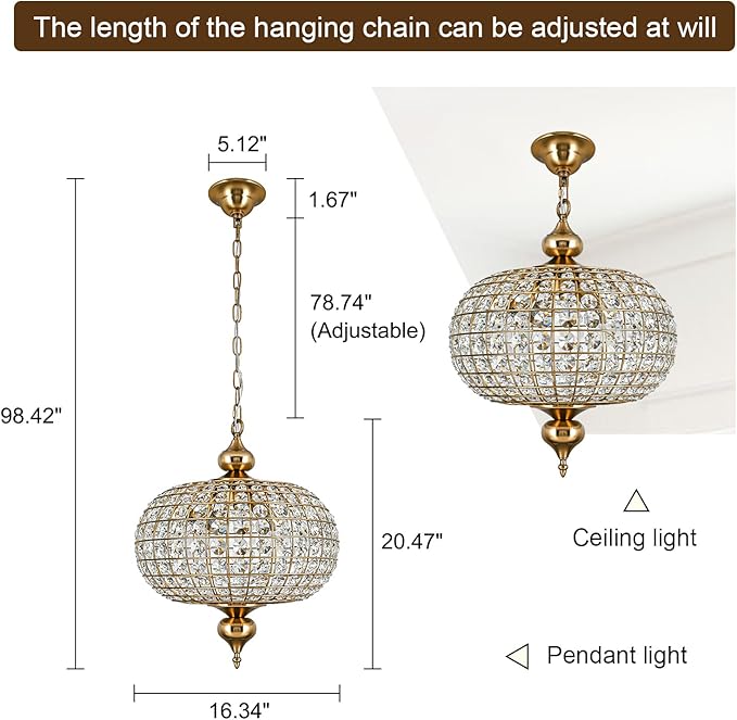 Gold Crystal Chandelier, 16.5" Modern 4-Light Round Crystal Pendant Light Antique Globe Foyer Chandelier for Dining Room Living Room