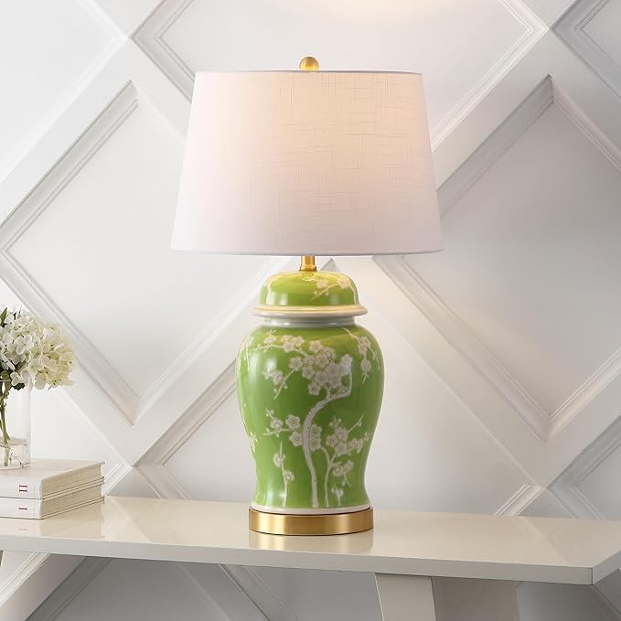 JONATHAN Y 29.5" Green/White Traditional Ceramic Ginger Jar Table Lamp for Living Room, Chinoiserie Asian Bedside Lamp with White Linen Shade and LED Bulb Included (JYL3047B)