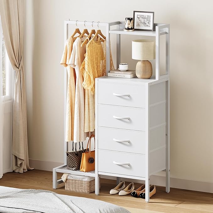 Yoobure White Dresser with Hanging Rack - Small Dresser for Bedroom with 4 Drawers, 44'H Chest of Drawers, Reversible Kids Dressers with Storage Shelf, Closet Dressers with Clothes Rack, Sturdy Frame