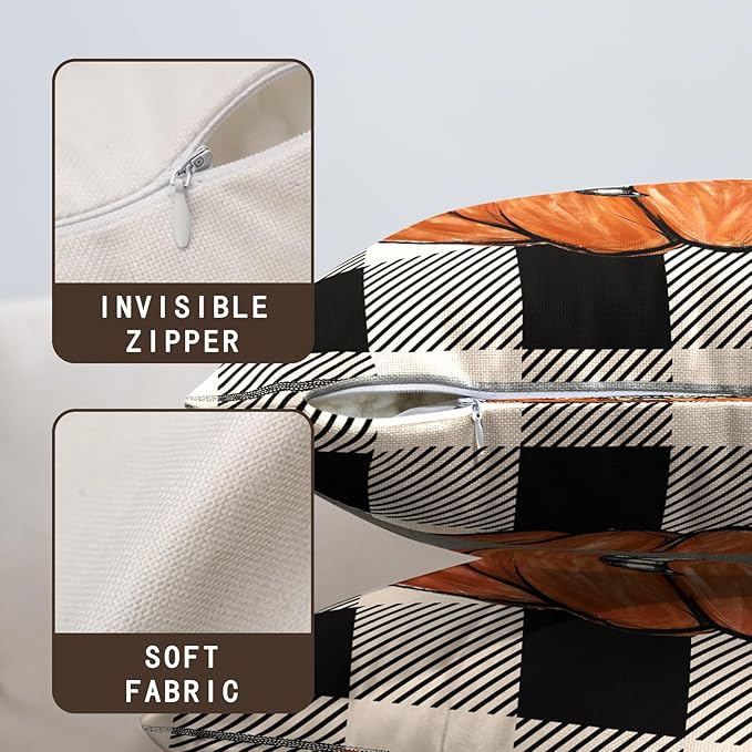 Fall Outdoor Throw Pillow Covers 20x20 Set of 2 Orange Pumpkin Maple Leaves Buffalo Plaid Autumn Decorative Pillow Cases Farmhouse Thanksgiving Cushion Cases for Couch Sofa