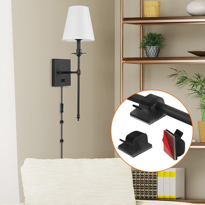 Dimmable Wall Sconces Set of Two, Plug in Wall Sconces White Fabric Shade, Wall Lamp for Bedroom, Living Room, Plug in Wall Light Sconces Wall Decor Set of 2, LED Bulbs Included, Black