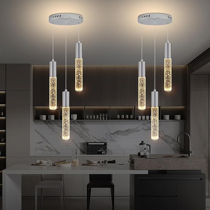 Modern Crystal Chandelier for Kitchen Island 3-Lights, Elegant Chrome LED Bubble Pendant Lighting Fixture for Dining Room Bedroom Entryway