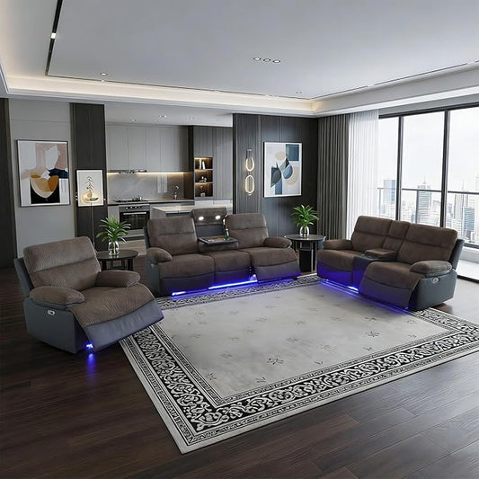 Power Corduroy Recliner Sofa Set with LED Light,Reclining Couch Set with USB Charger/Cup Holder/Storage,Corduroy Couch for Living Room Furniture Sets(3+2+1 Seats,Brown)