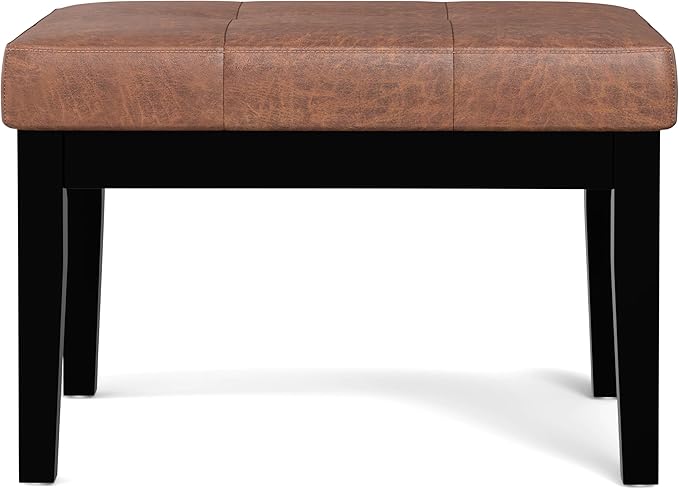 SIMPLIHOME Lacey Small Tufted Ottoman Bench - 26 inch Wide Upholstered Vegan Leather Rectangle Ottoman in Distressed Saddle Brown, Contemporary Bench for Bedroom with Stitching Detail, Assembled