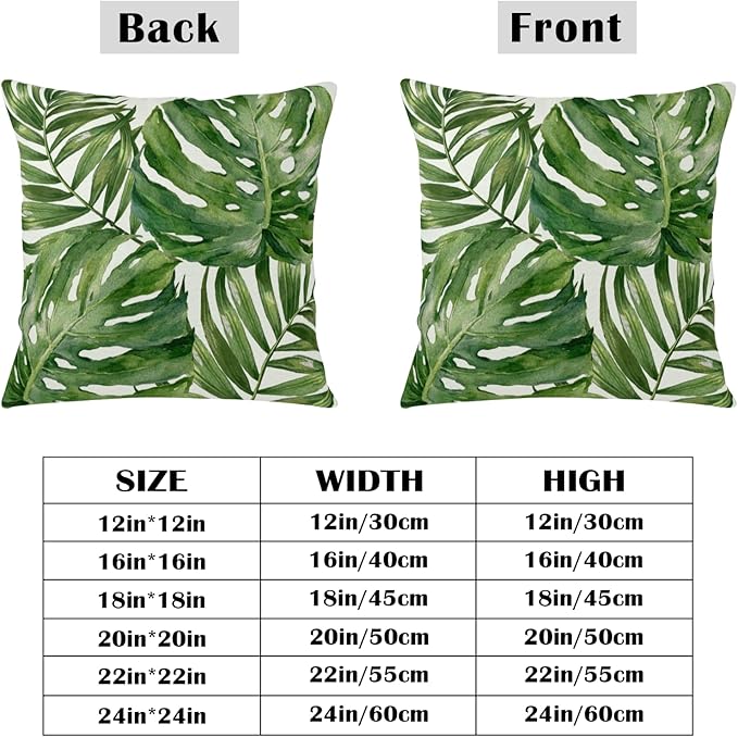 Summer Tropical Pillow Covers 20x20 Set of 2 Green Palm Leaf Decorative Throw Pillows Case Monstera Botanical Leaves Tropical Outdoor Cushion Cover for Sofa Couch Garden Home Decor