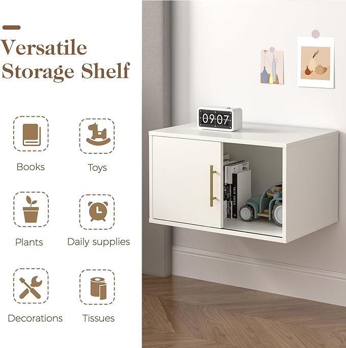 6 Cube Storage Organizer, Stackable Cubby Storage Organizer, Open Shelf Bookcase with Sliding Door, White Wood Bookshelves for Living Room, Bedroom and Apartment, Wall Mounted