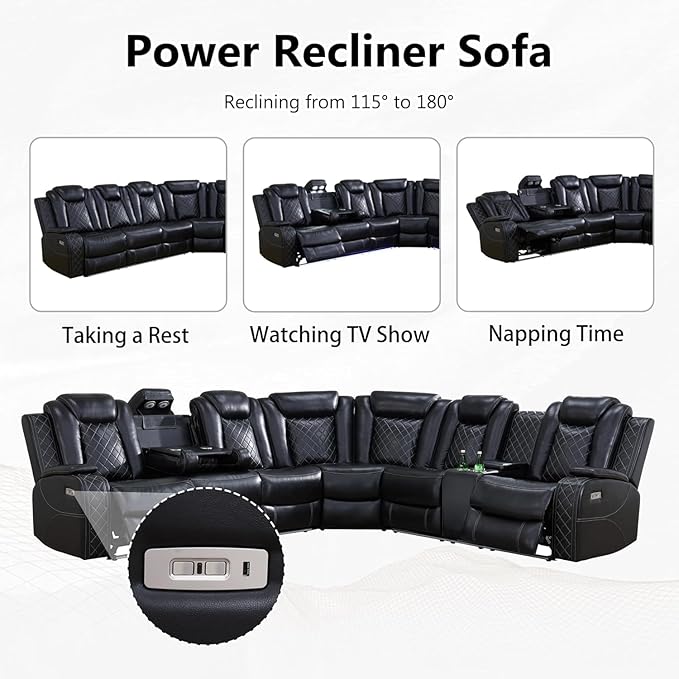 Power Recliner Sectional Sofa with LED Light, Breathing Leather Recliner Sofa Couch with Wireless Charger/Cup Holder for Living Room Home Office Theater (All Black)