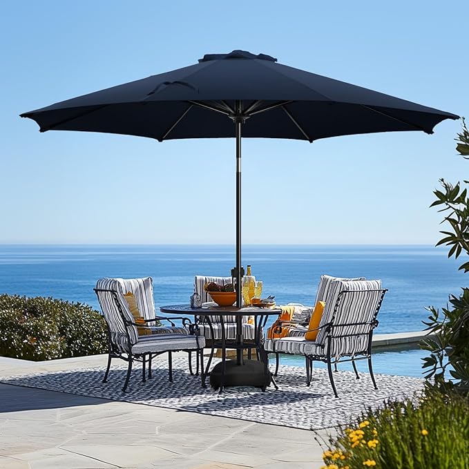 wikiwiki 9FT Patio Umbrella with Base, Outdoor Umbrellas with Base Included, 8 Sturdy Ribs, Waterproof Fade Resistant POLYESTER DTY Canopy for Deck, Lawn, Garden, Backyard & Pool, Navy