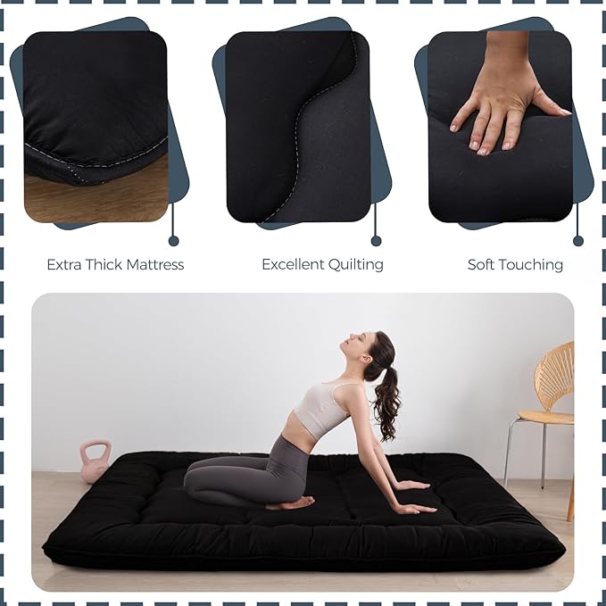 MAXYOYO 6" Extra Thick Japanese Futon Mattress, Foldable Tatami Pad for Adults, Floor Bed Roll Up Guest Mattress, Black, Full