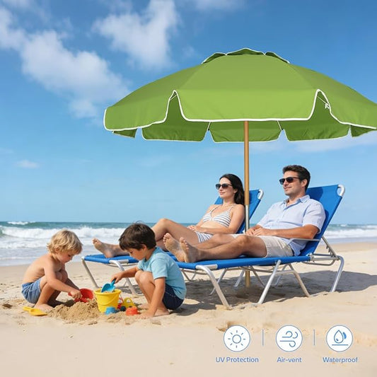 AMMSUN 7.5ft Heavy Duty High Wind Beach Umbrella Commercial Grade with Air Vent Ash Wood Pole & Carry Bag UPF 50+ Sun Protection for Patio Garden Pool Backyard Olive Green