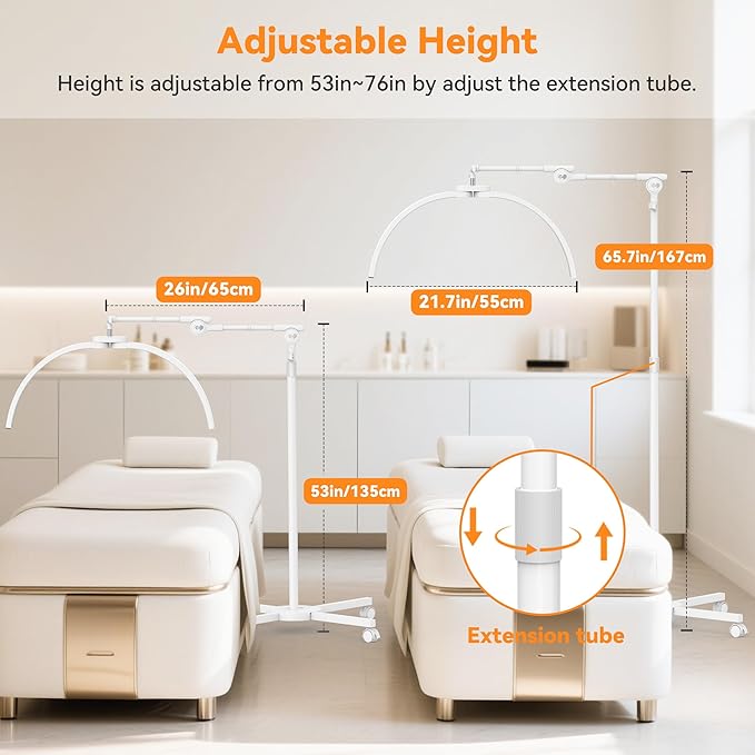 CHICLUX Lash Light for Eyelash Tech, Foldable LED Half Moon Lamp with Wheeled Base, Esthetician Light for Beauty, Nail Art, Floor Lamp with Adjustable Brightness & Height, Phone Holder, White