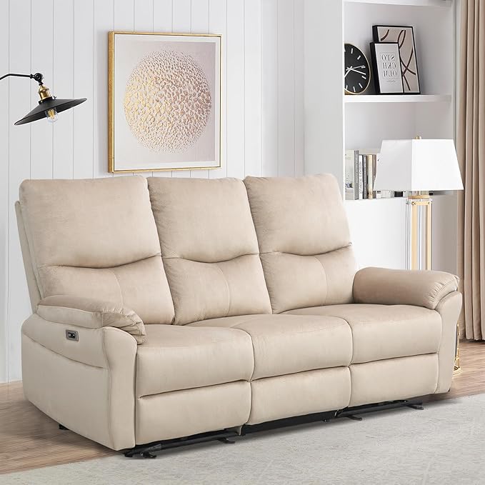 3 Seater Power Reclining Sofa, Loveseat Recliner Sofa Reclining Couch with Drop-Down Table & Cup Holders, Wall Hugger Sofa Recliner for Living Room Furniture Sets (Beige)