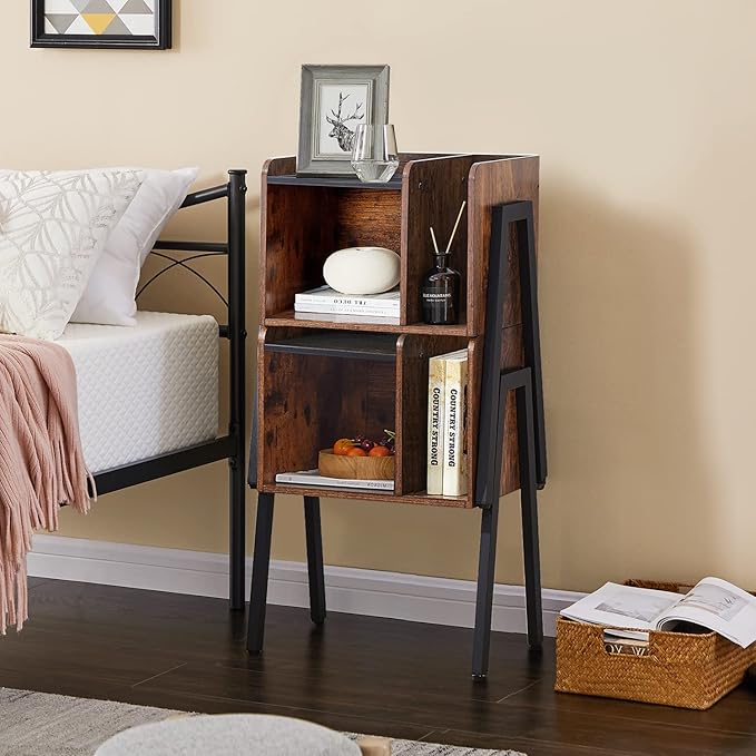 VECELO Nightstand Industrial Side End Table/Stackable Accent Furniture with 2-Tier Open Storage Compartments for Bedroom, Living Room and Small Spaces