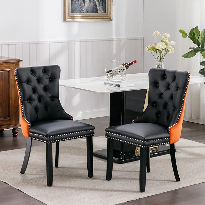PU and Velvet Upholstered Dining Chair with Wood Legs,Tall Back Side Chair W/Nailhead Trim 2-Pcs Set,for Living Room,Apartment,Black+Orange