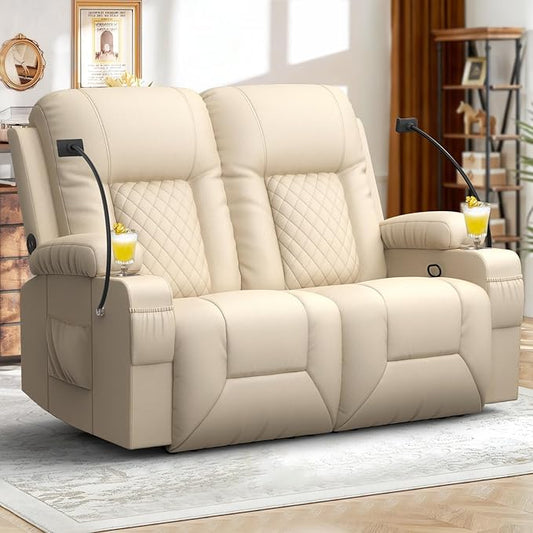 FURNIMAT 2026 Fabric Loveseat Recliner Sofa, 2 Seater Reclining Loveseat Sofa, RV Loveseat Couch, Modern Recliner Chair for Living Room, with Cup Holder and 2 Cell Phone Holders, USB Ports, Beige