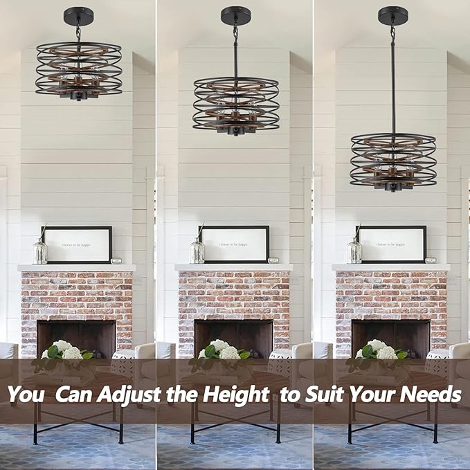Bargeni Chandelier,13 Inch Dining Room Light Fixture,Matte Black Finish with Wood-Like Interior,Adjustable Height Farmhouse Chandelier for Kitchen Island,Bedroom,Living Room,Foyer