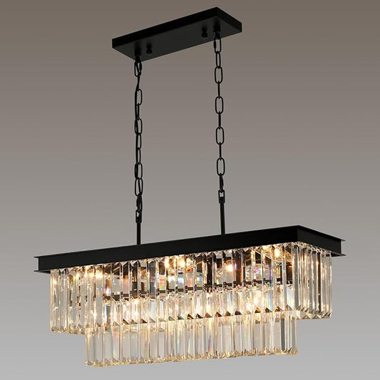 Black Crystal Chandeliers for Dining Room Light Fixtures Over Table，9-Lights Modern Rectangle Chandeliers for Kitchen Island Bar L28 Inch