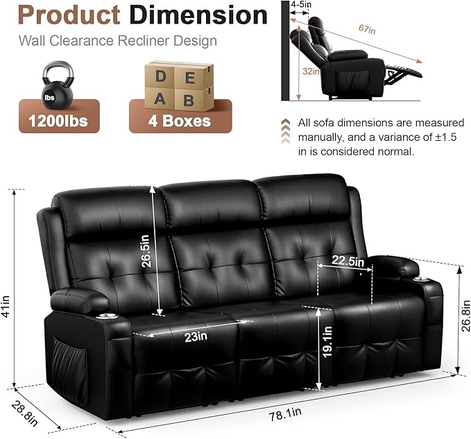 Recliner Sofa, Massage Reclining Sofa 3 Seater Sets Heavy Weight Capacity, RV Loveseat Clearance, Recliner Couch with Storage, Cup Holders, Wall Hugger Couches for Living Room