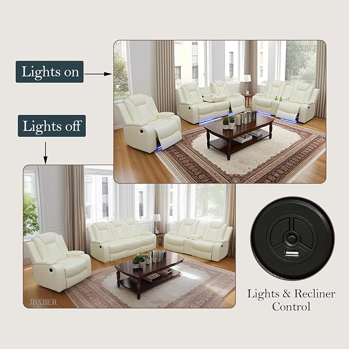 Power Recliner Sofa Set, Leather Reclining Sofa Sets with LED Lights, Living Room Furniture Set, Loveseat with Console Storage, Recliner Couch with USB Port (3 Piece Set, White)