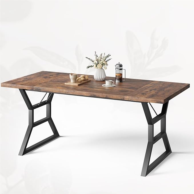 GarveeHome 70.9 in Large Dining Room Table for 6, Rectangular Kitchen Table with Heavy Duty Metal Legs, Farmhouse Wooden Dining Table for Big Family (Brown)