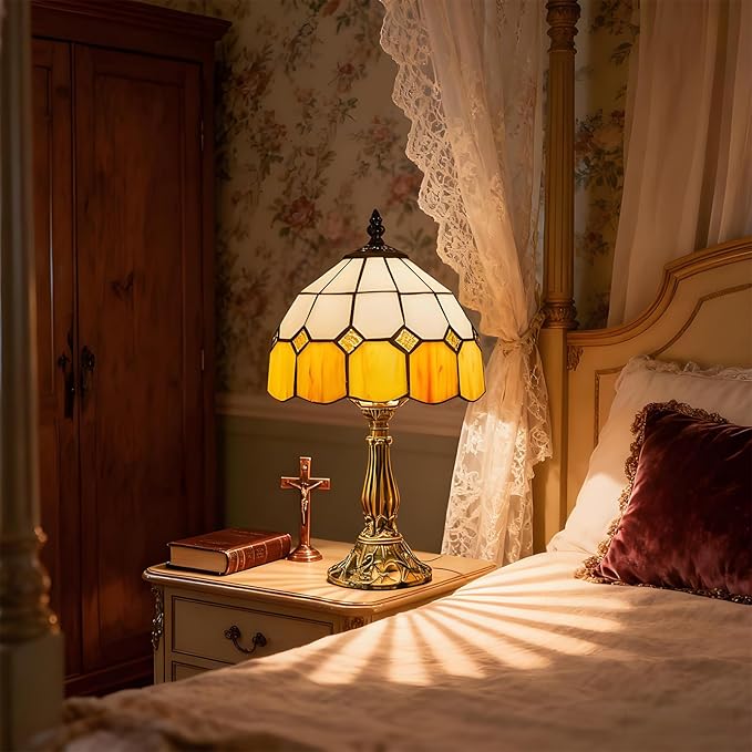 Table Lamp Tiffany-Style 8 Inch Mediterranean Series Stained Glass Lampshades Small Bedside Lamp Reading Antique Desk Light Livingroom Bedroom Office Vintage Art De(Color:Yellow)