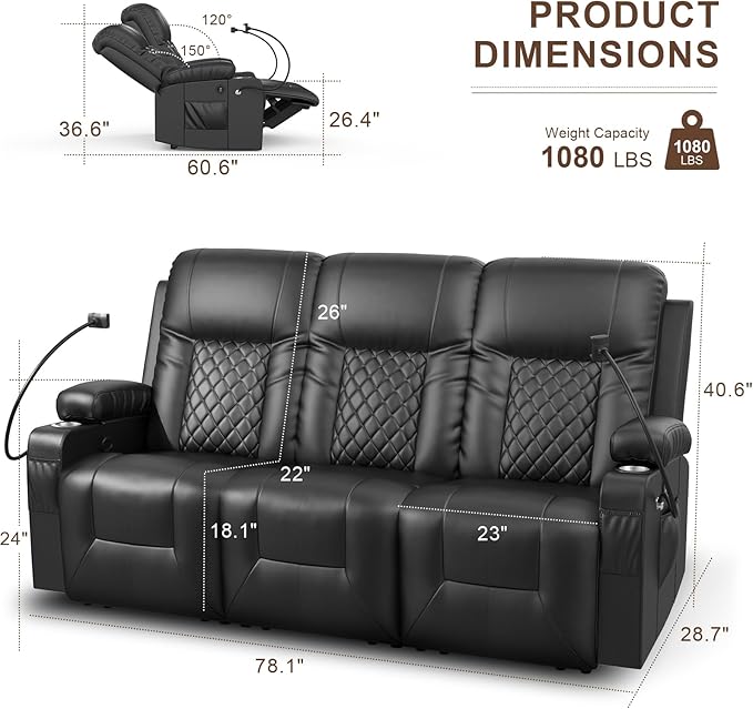 FURNIMAT Recliner Sofa, 3 Seats Dual Reclining Sofa, PU Leather Loveseat Couch, Modern Recliner Chair for Living Room, with Cup Holder and 2 Cell Phone Holder, USB Ports, Black