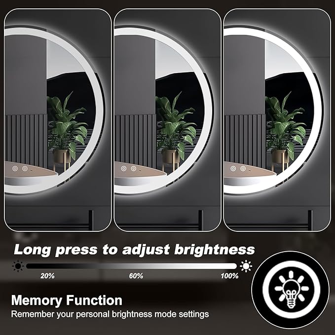 Simple Deluxe Round LED Bathroom Mirror with Lights, Smart Anti-Fog LED Bathroom Mirror with Circular Dual Lights and 3-Color Temperature Memory dimming (24inch)