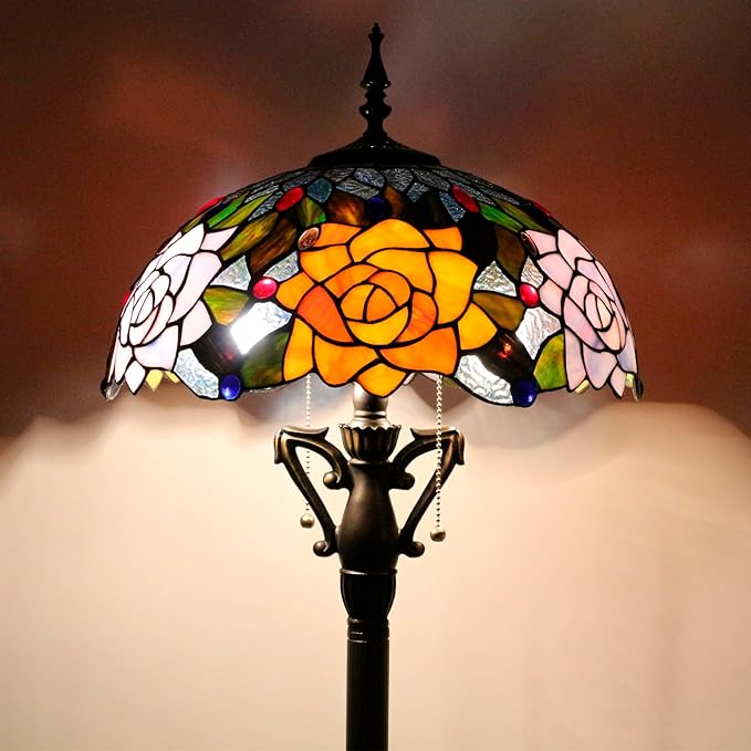 Tiffany Floor Lamp Orange Red Rose Flowers Stained Glass Standing Reading Light 16X16X66 Inches Antique Pole Corner Lamp Decor Bedroom Living Room