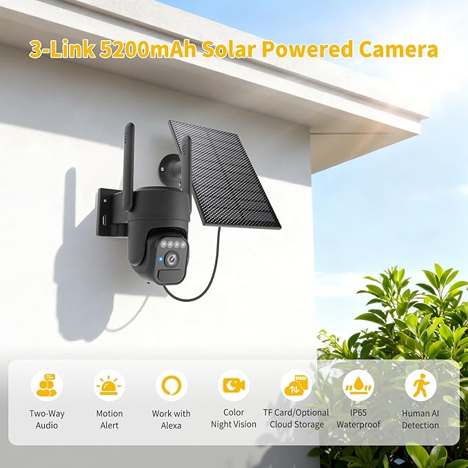 Solar Security Cameras Wireless Outdoor 2 Packs, Color Night Vision, SD/Cloud Storage, 2-Way Talk, 2.4GHz WiFi, IP65 Waterproof, 360° View