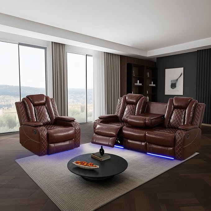 Power Leather Recliner Sofa Set with LED Light,Reclining Sofa and Chair Set with USB,Leather Couch Set for 3 Seater Couch with Coffee Table/Single Recliner 2 PCS for Living Room(Red,3+1)
