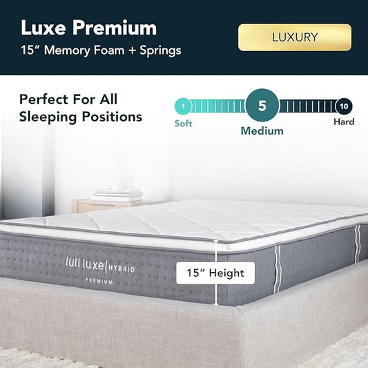 Lull Luxe Premium Hybrid Queen Mattress 15 Inch – 7 Layer Memory Foam Queen Mattress with Cooling Gel Tech – Highest Density & Therapeutic Support for All Positions – 365 Night Trial Mattress in a Box