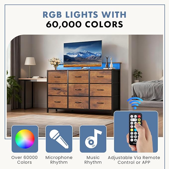DUMOS TV Stand Dresser with 9 Fabric Drawers and Open Shelves, Entertainment Center with LED Lights, Charging Station for Bedroom, Wood Top Media Console for 45-55 inch TV Stand with Storage, Brown