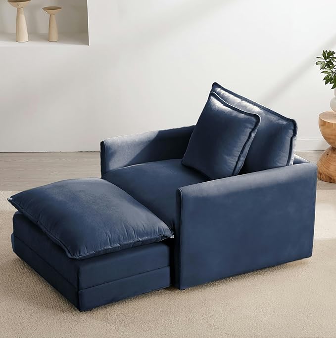 Chenille Oversized Chair with Ottoman - 39”W Big Comfy Reading Chair and Ottoman Set, Lounge Chair for Living Room, Bedroom, Kids Room, Reading Nook, Family Room, Navy Blue