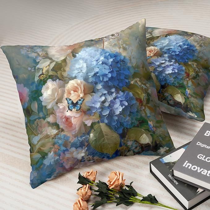 Vintage Rose Hydrangea Pillow Covers Oil Painting Floral Throw Pillow Covers Spring Summer Pillow Case 16x16 Blue Pink Flowers Cushion Case for Living Room Couch Sofa Set of 2
