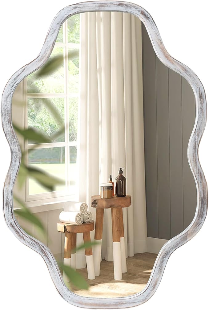 ULIKE Wall Mirror 24"x36" White Wavy Natural Wood Frame – Irregular Cloud Shape Vanity Mirror for Bathroom Bedroom Living Room Entryway