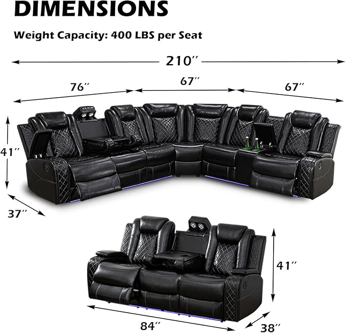 Leather Power Recliner Sectional Sofa Set with LED Light,L Shape Leather Couch Set with 3 Seats Sofa,Modular Corner Couch with USB Port for Living Room Furniture(Black, Sectional+3 Seats)