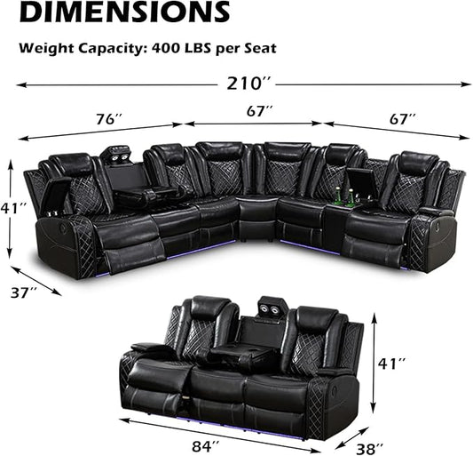 Leather Power Recliner Sectional Sofa Set with LED Light,L Shape Leather Couch Set with 3 Seats Sofa,Modular Corner Couch with USB Port for Living Room Furniture(Black, Sectional+3 Seats)