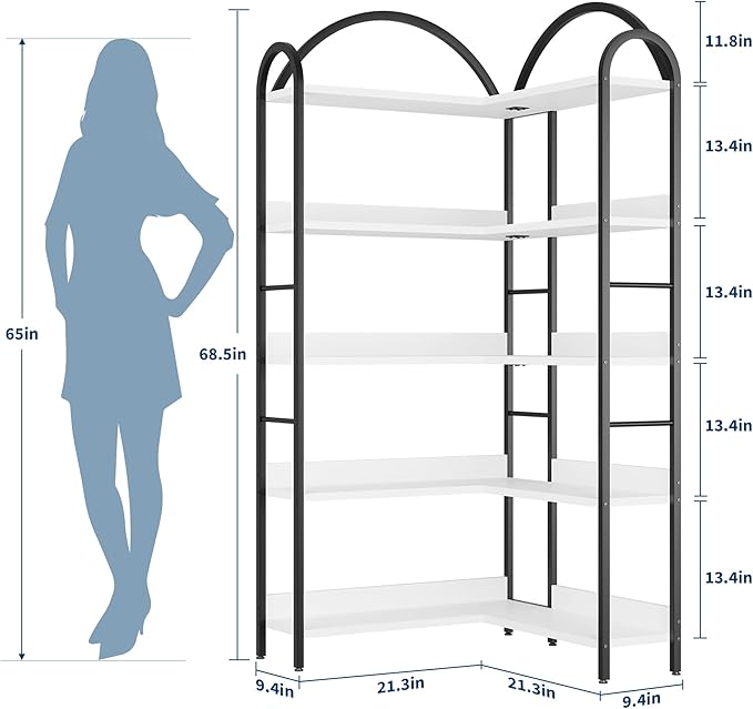 GarveeHome Arched Bookshelf Corner Bookcase, L Shaped Bookshelf Industrial Corner Bookshelves, Large Bookcase with Metal Frame, Corner Shelf Arch Display Rack for Living Room Bedroom