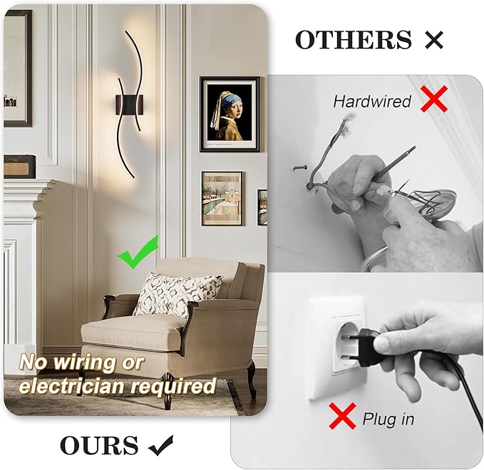 Battery Operated Wall Sconces Set of Two with Remote Control, Battery Wall Light, Stepless Colors 3000K-6000K & Dimming, Black Rechargeable Wall Sconces for Living Room, Hallway, Bedroom, 27.5 Inch
