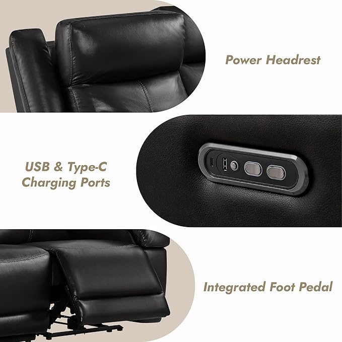 Watson & Whitely Genuine Leather Power Loveseat Recliner Sofa, Wall Hugger Loveseat Reclining Sofa with Storage Console, Power Headrest, Cup Holders, Dual Recliners for Living Room, RV, Black