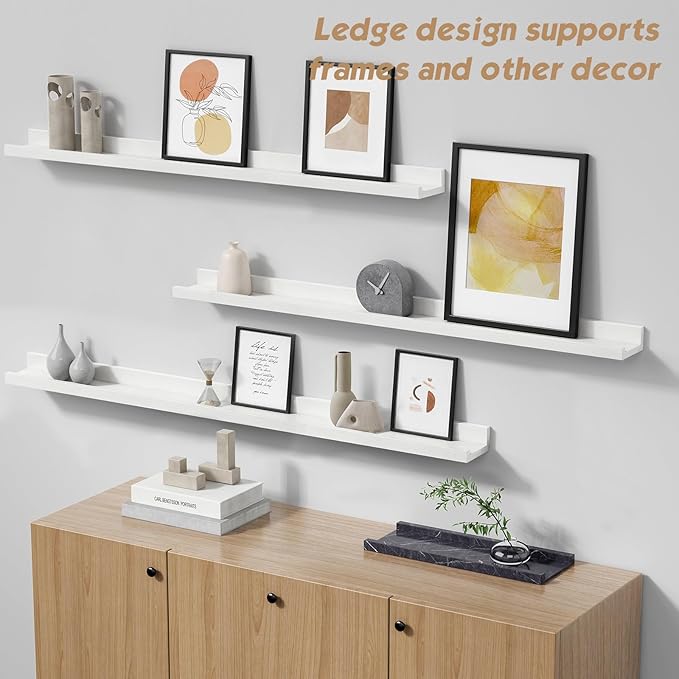 Forbena 48 Inch Floating Shelves for Wall Set of 4, Large White Picture Ledge Shelf for Living Room Photo Frames, Extra Long Wood Wall Shelves with Lip for Bedroom Hallway Office Nursery Kids Books