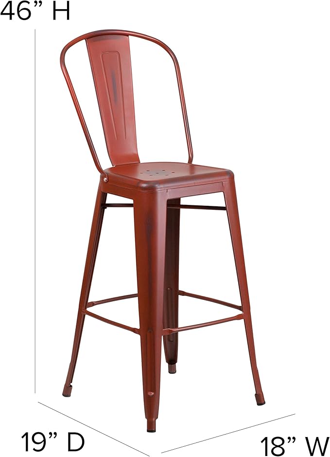 Flash Furniture Commercial Grade 30" High Distressed Kelly Red Metal Indoor-Outdoor Barstool with Back