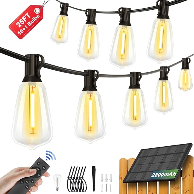 25FT Solar String Lights with 16+1 LED Bulbs (1.5FT Bulbs Spacing), Patio String Lights Whith Remote, IP65 Waterproof, 2800mAm Battery, Zipper & Screw for Setup Outside Garden Backyard Decor