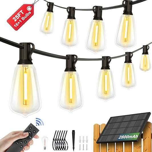 25FT Solar String Lights with 16+1 LED Bulbs (1.5FT Bulbs Spacing), Patio String Lights Whith Remote, IP65 Waterproof, 2800mAm Battery, Zipper & Screw for Setup Outside Garden Backyard Decor