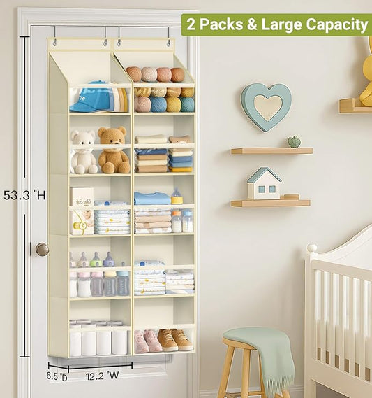 AOODA 2 Pack Over the Door Organizer, Large Capacity Closet Door Hanging Organizer, Clear Deep Pockets Baby Storage for Nursery, Bathroom, Bedroom, Pantry, Diapers (Light Yellow)