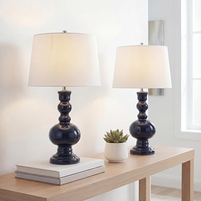 JONATHAN Y 28.5" Navy Glass Table Lamp Set of 2 for Living Room Bedroom Decor, Modern Bedside Lamps with White Linen Shade, LED Bulbs Included (JYL1061E-SET2)