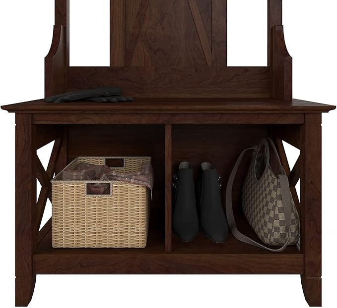 Bush Home Key West Hall Tree with Shoe Storage Bench in Bing Cherry, Entryway Organizer for Home, Multi-Purpose Storage Solution with Seating and Hooks