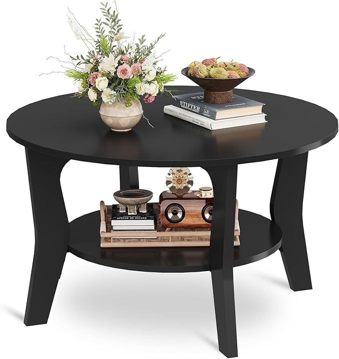 WLIVE Round Coffee Table, 2-Tier Small Coffee Table with Storage Shelf, Circle Wood Center Table for Living Room, Apartment, Easy Assembly, Black