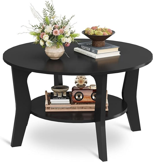 WLIVE Round Coffee Table, 2-Tier Small Coffee Table with Storage Shelf, Circle Wood Center Table for Living Room, Apartment, Easy Assembly, Black